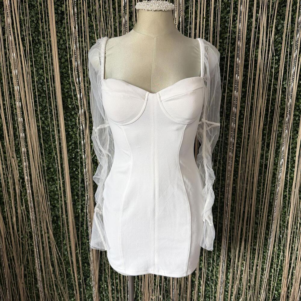 White Mini Dress with Sheer Puff Sleeves